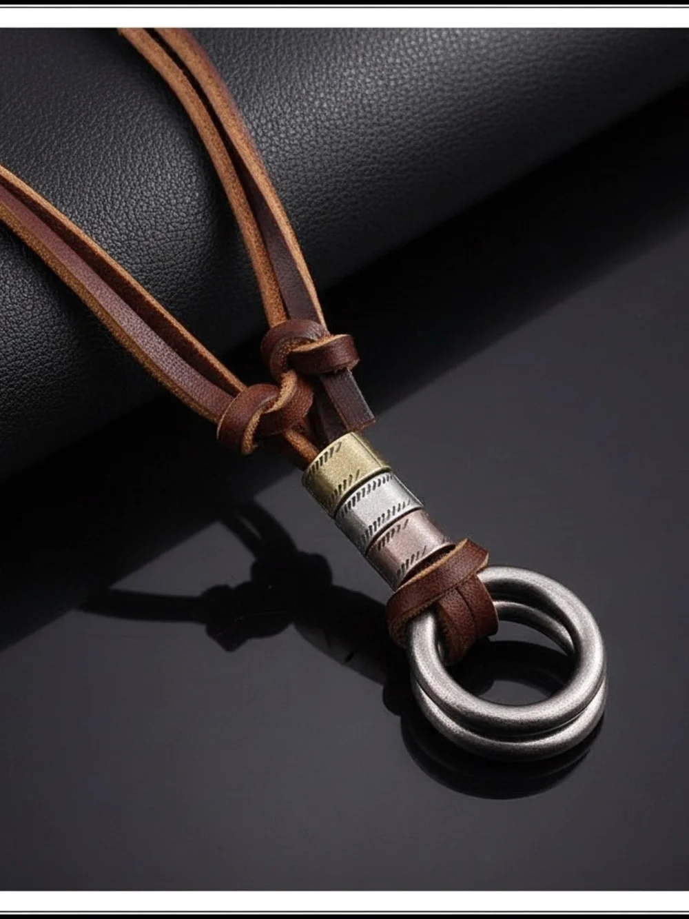 rown Leather Adjustable Pendant Necklace Double Steel Rings Fashion Jewelry